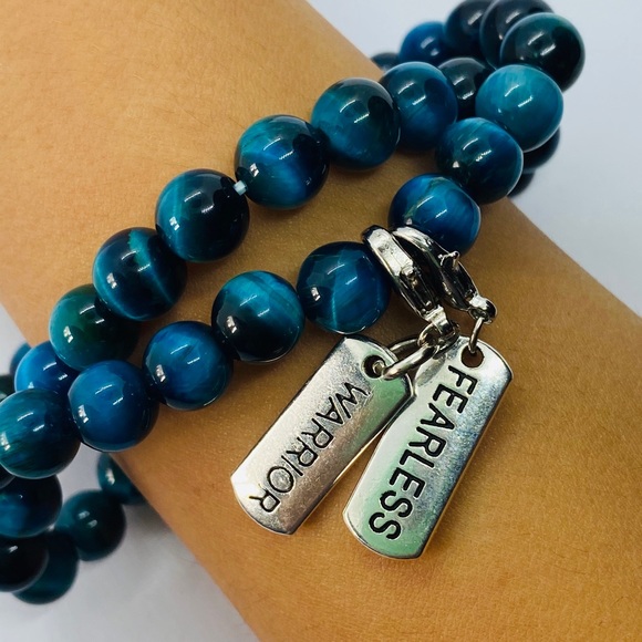 Tiger’s Eye BLUE beaded Bracelet. Removable Inspiration Charms (nickel free). - Picture 3 of 4